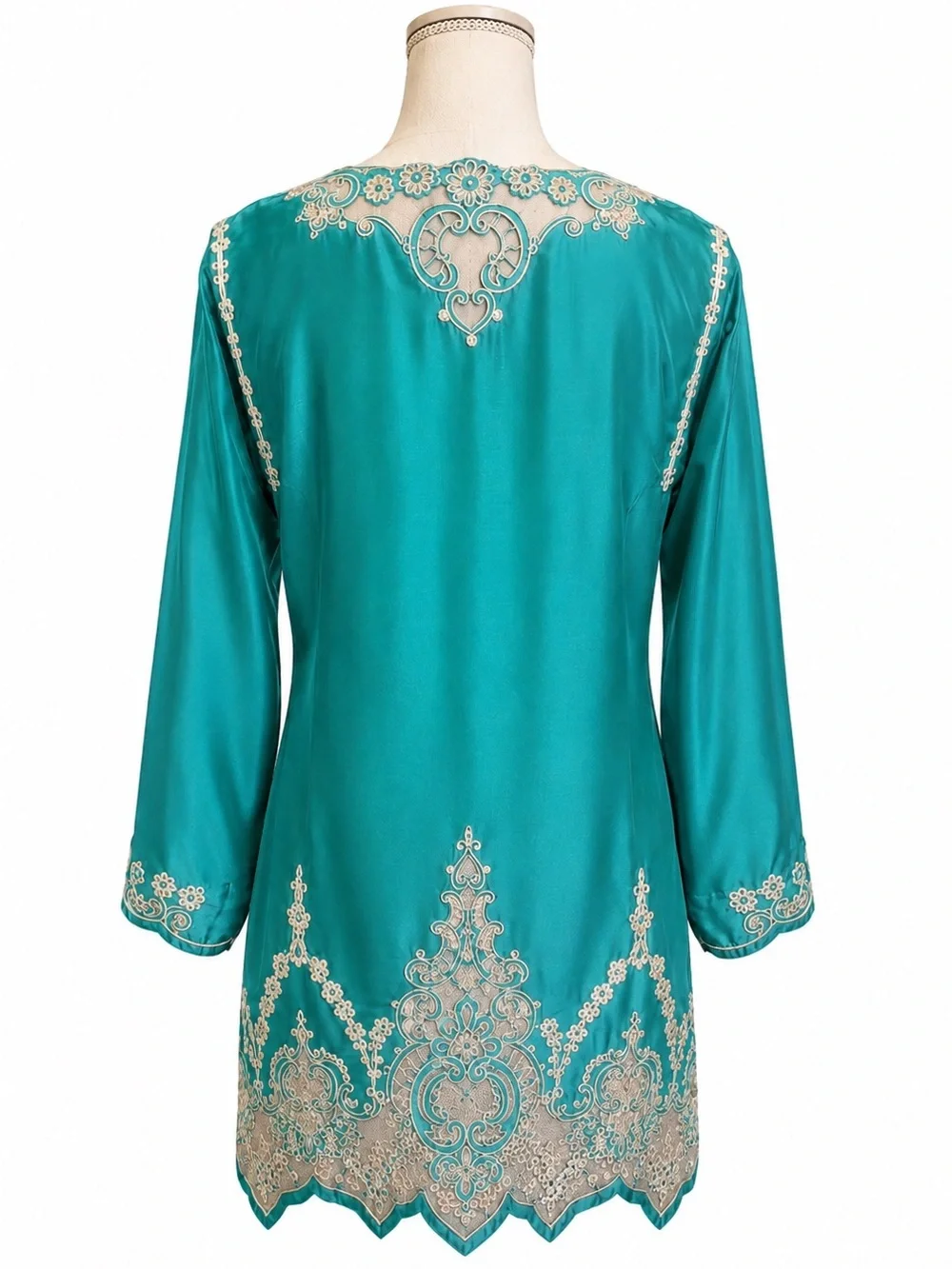 Sea Green 100% Silk Tunic Beige Embroidered Boho Resort Top Medium